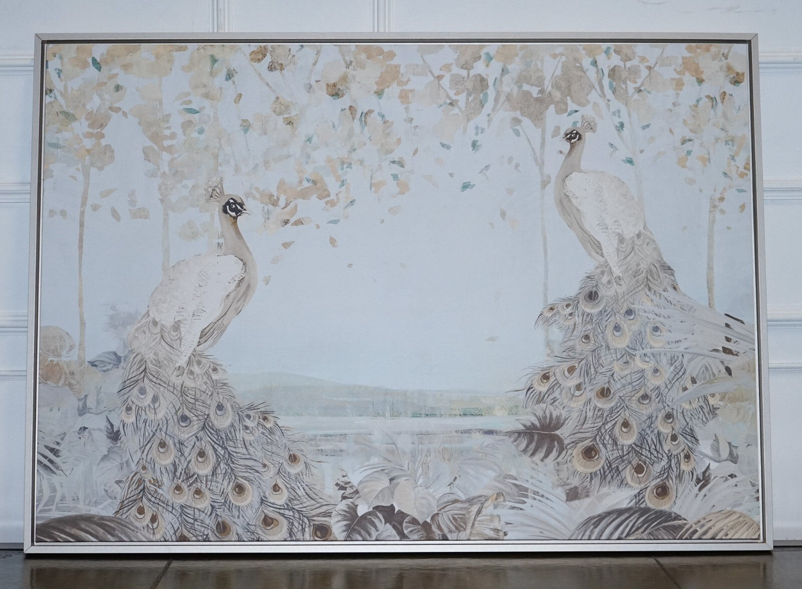 LOVELY SPLENDER FOREST TWO PEACOCKS FRAMED CANVAS ART PRINT