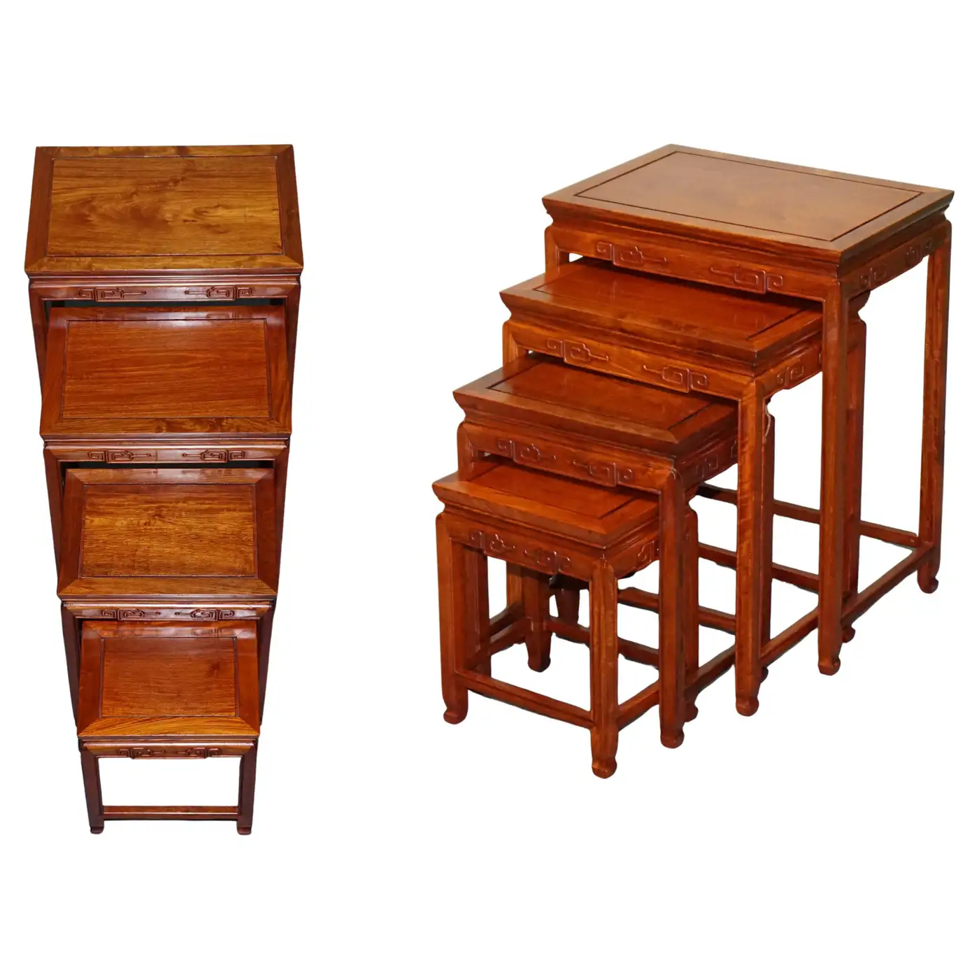 ORIENTAL CHINESE TEAK NEST OF FOUR TABLES WITH CARVED DETAILS