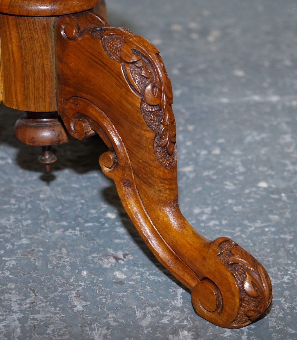 ANTIQUE MARQUETRY BURR WALNUT PEDESTAL SIDE END TABLE WITH CARVED & TURNED BASE