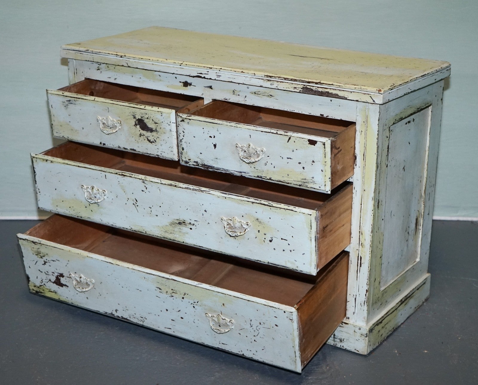 ANTIQUE HAND PAINTED PALE PINE GREEN THREE DRAWER CHEST OF DRAWERS