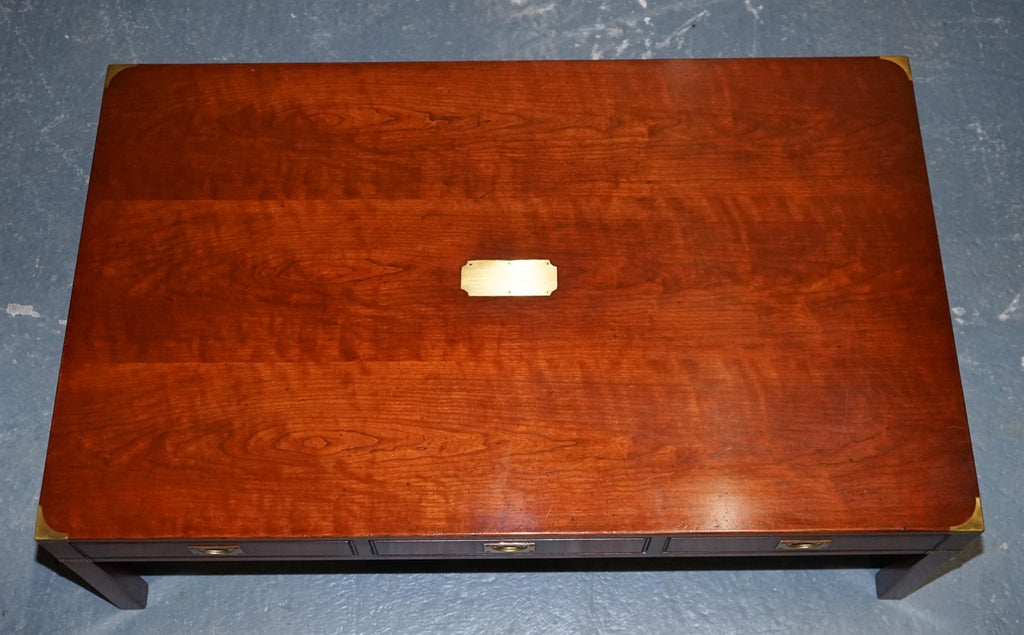 LARGE MILITARY CAMPAIGN REH KENNEDY HARRODS COFFEE TABLE WITH THREE DEEP DRAWERS