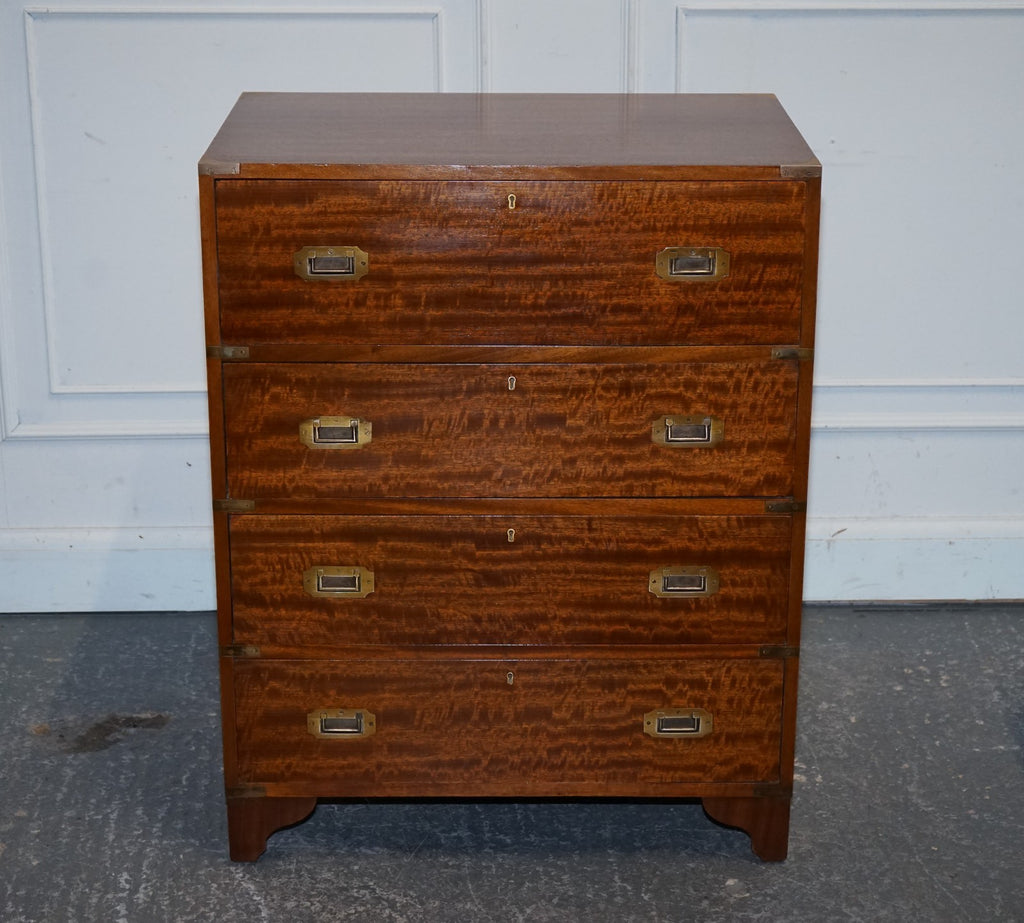 VINTAGE MILITARY CAMPAIGN SECRETAIRE CHEST OF DRAWERS WITH AGED RED LEATHER