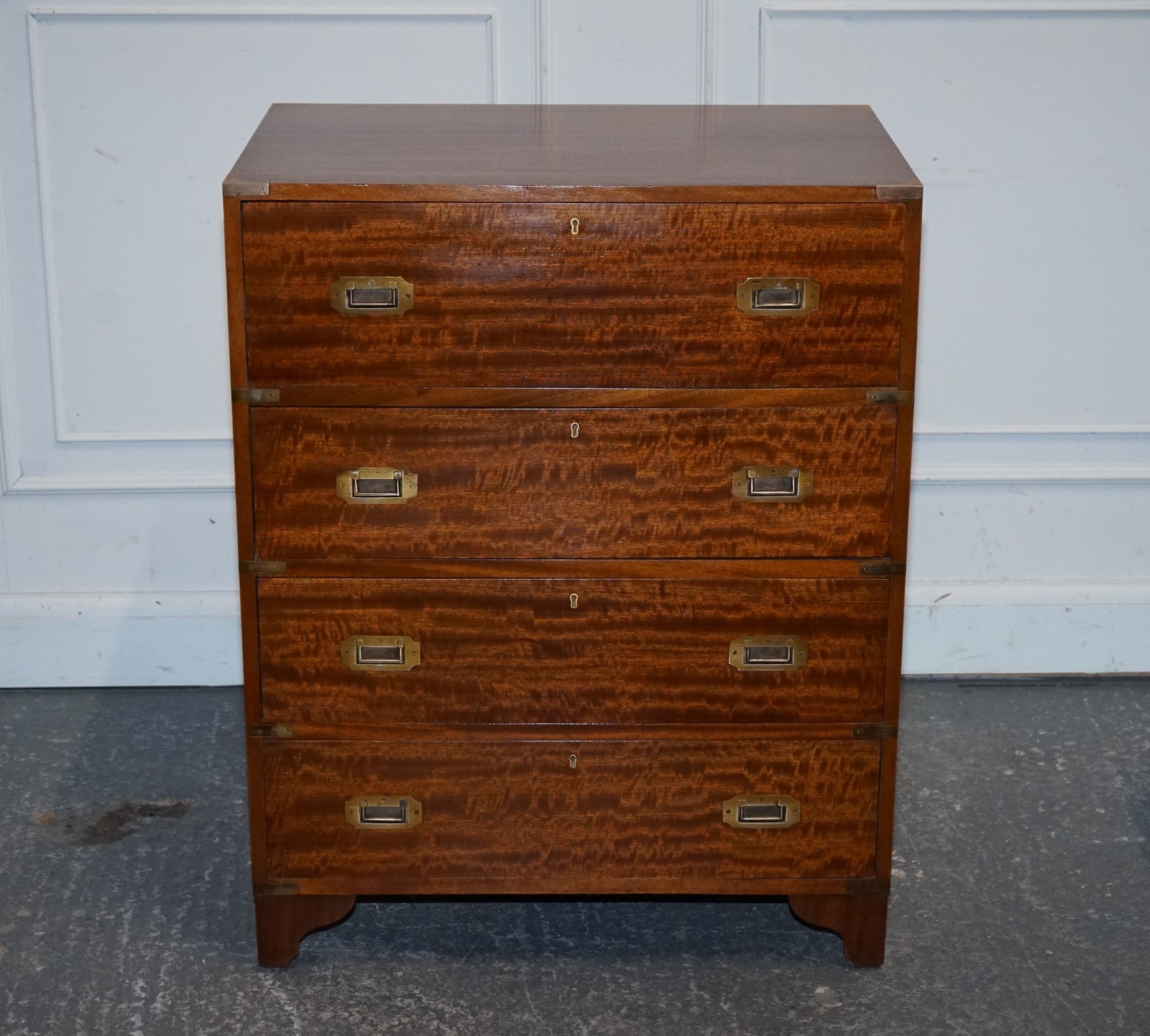 VINTAGE MILITARY CAMPAIGN SECRETAIRE CHEST OF DRAWERS WITH AGED RED LEATHER