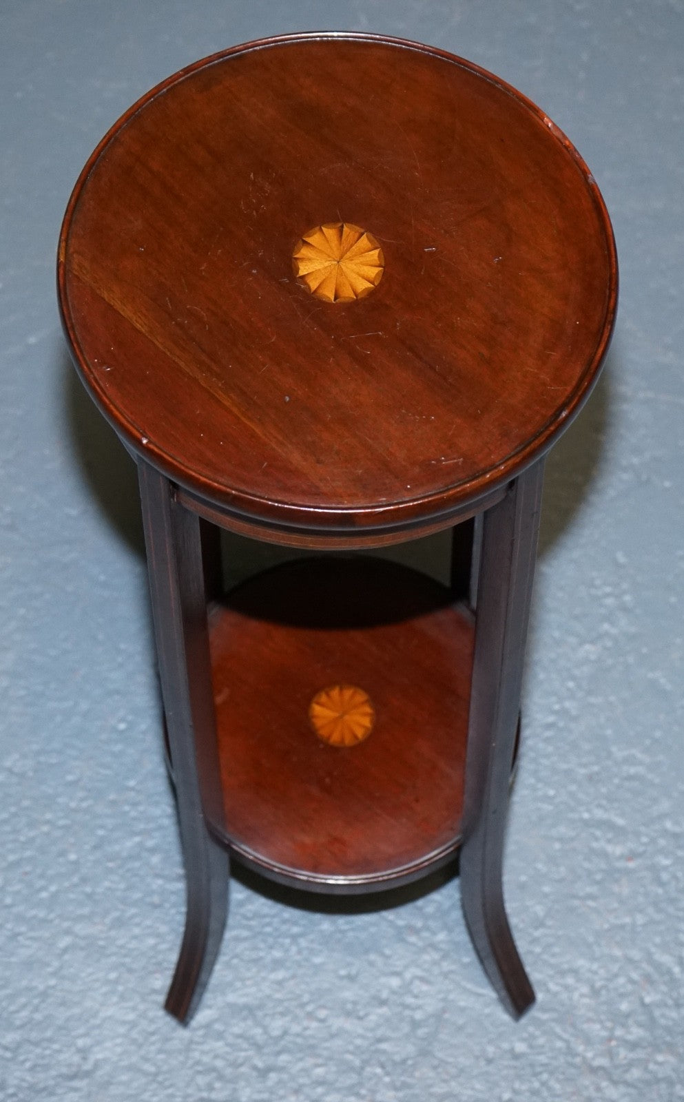 ANTIQUE HARDWOOD TWO TIER PLANT STAND WITH STARBURST MARQUETRY INLAY