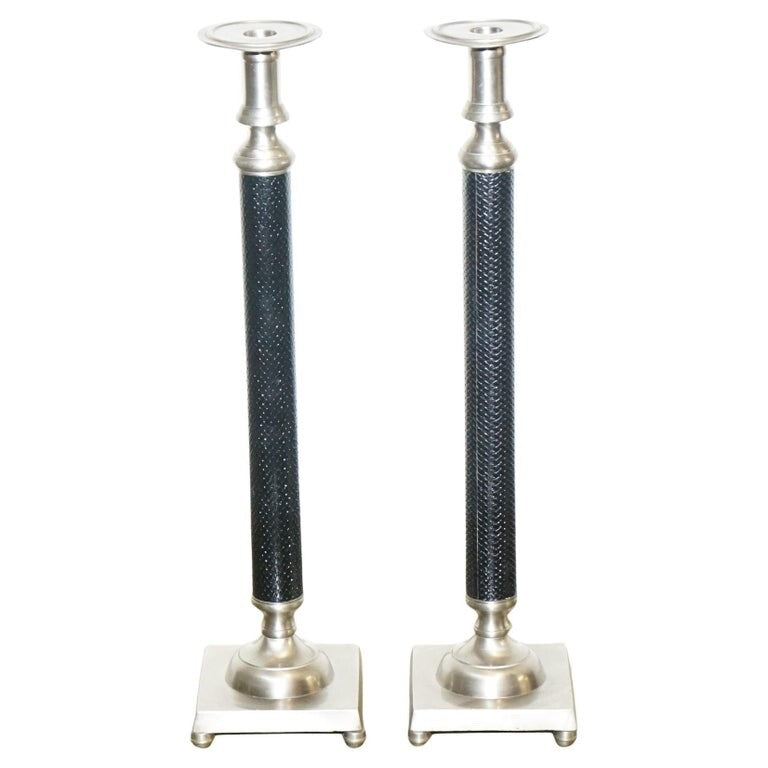 PAIR OF SILVER STAINLESS STEEL & BLACK RALPH LAUREN STYLE CANDLEHOLDERS