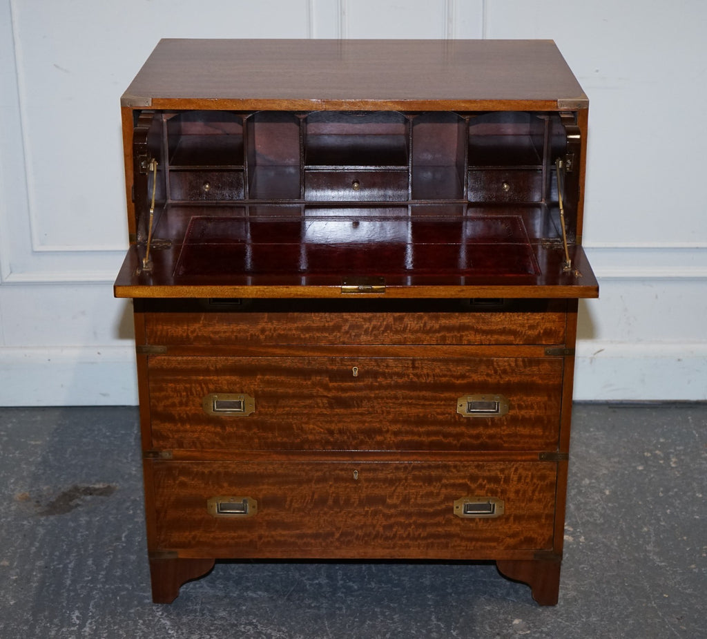 VINTAGE MILITARY CAMPAIGN SECRETAIRE CHEST OF DRAWERS WITH AGED RED LEATHER