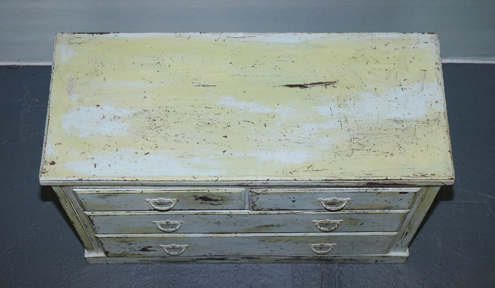 ANTIQUE HAND PAINTED PALE PINE GREEN THREE DRAWER CHEST OF DRAWERS