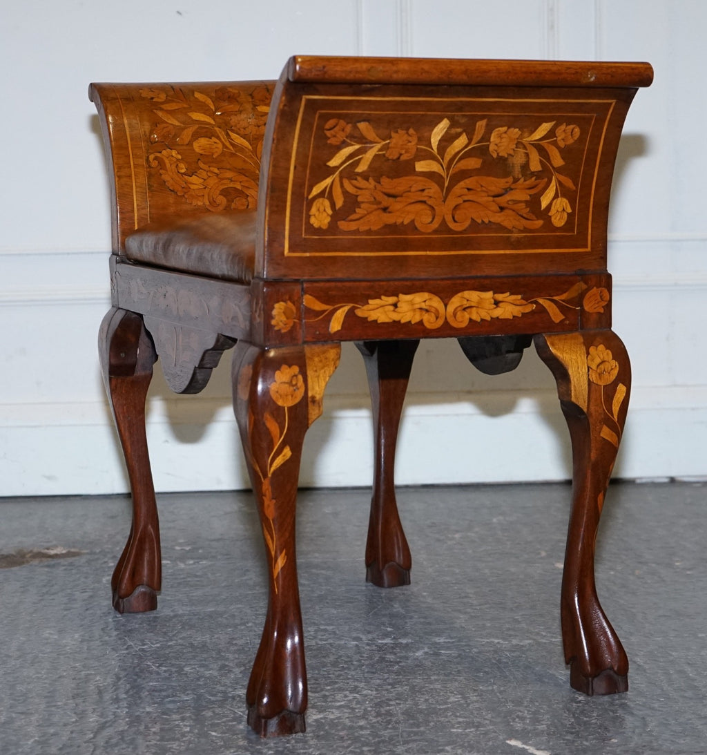 ANTIQUE 1860 DUTCH MARQUETRY WINDOW PIANO STOOL WITH HAND DYED CHESTERFIELD SEAT