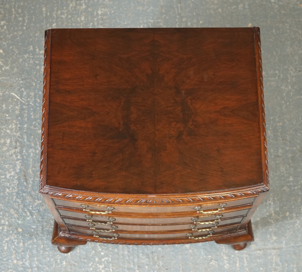 FIGURED VICTORIAN WALNUT BOW FRONTED CHEST OF DRAWERS RAISED ON QUEEN ANNE LEGS