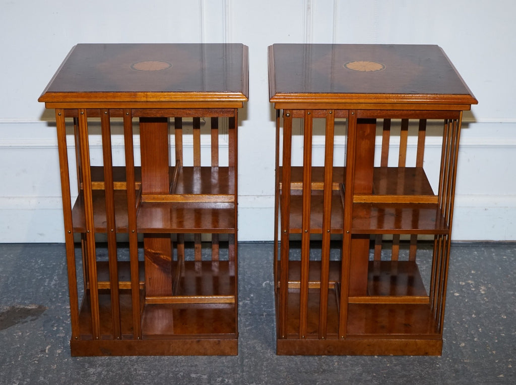 RESTORED PAIR OF ANTIQUE STYLE SHERATON REVIVAL BURR WALNUT BOOKCASES SIDE TABLE