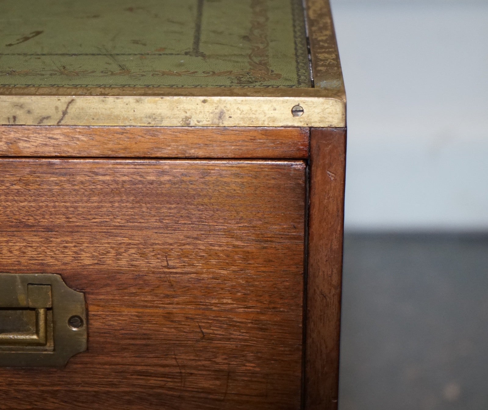 VINTAGE MILITARY CAMPAIGN BEDSIDE NIGHTSTAND SIDE TABLE WITH THREE DEEP DRAWERS