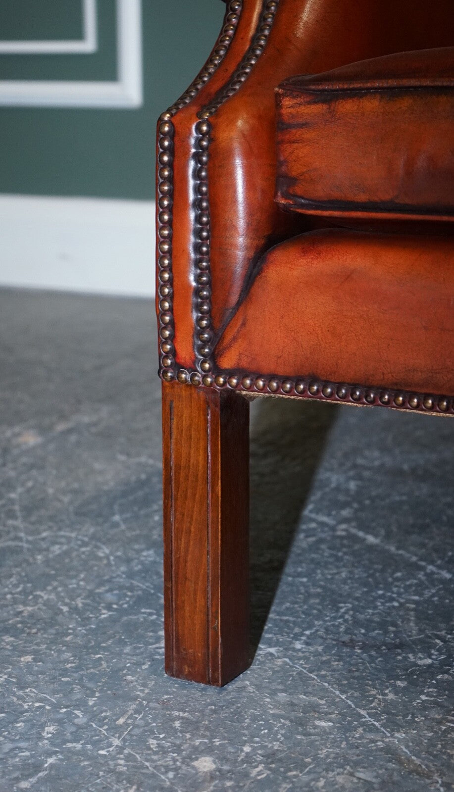 STUNNING PAIR OF BURGUNDY BROWN LEATHER HAND DYED WINGBACK CHAIRS