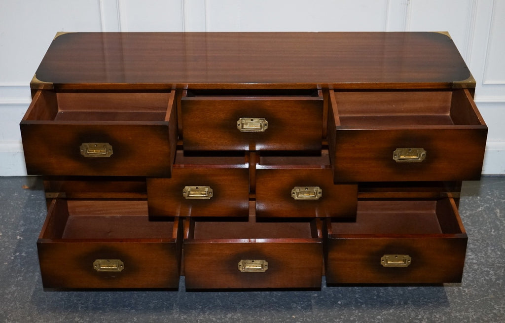 VINTAGE JANSEN OF LONDON MILITARY CAMPAIGN BRASS SIDEBOARD CHEST OF DRAWERS