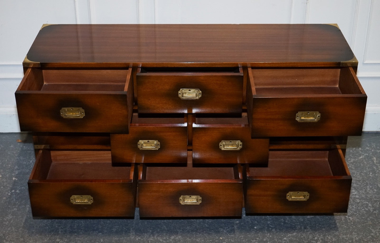 VINTAGE JANSEN OF LONDON MILITARY CAMPAIGN BRASS SIDEBOARD CHEST OF DRAWERS