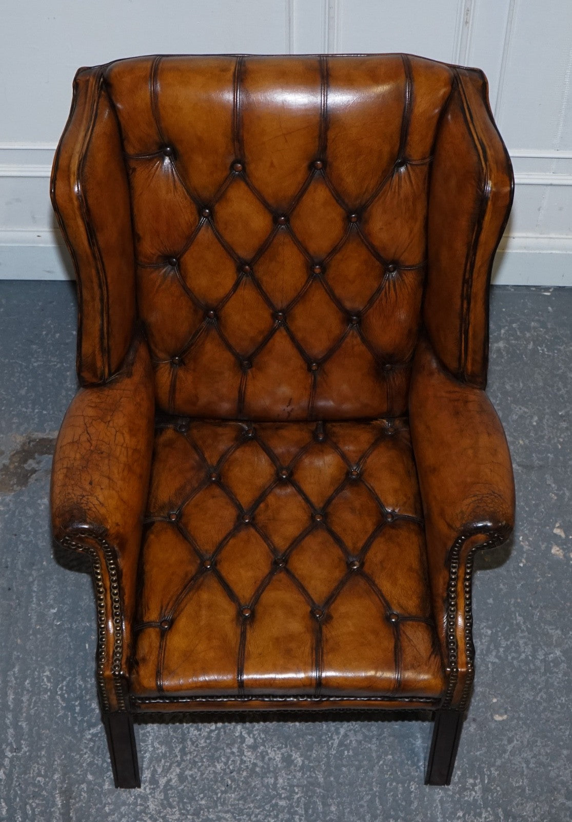 STUNNING 1960'S HAND DYED BROWN LEATHER CHESTERFIELD WINGBACK ARMCHAIRS