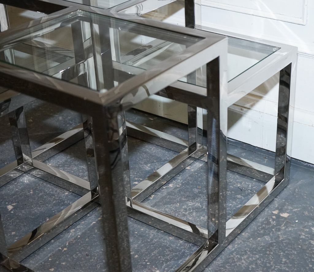PAIR OF CASA PADRINO ART DECO STYLE GLASS POLISHED STAINLESS STEEL SIDE TABLES