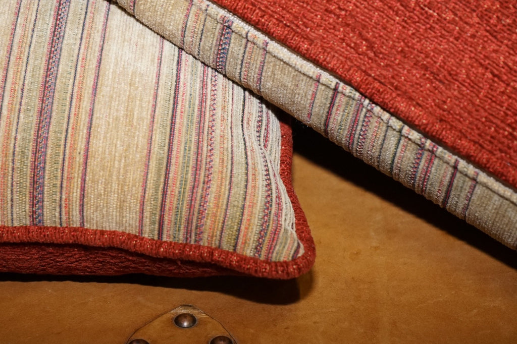VINTAGE PAIR OF BEIGE STRIPPED & BURNT ORANGE FEATHER FILLED SCATTER CUSHIONS
