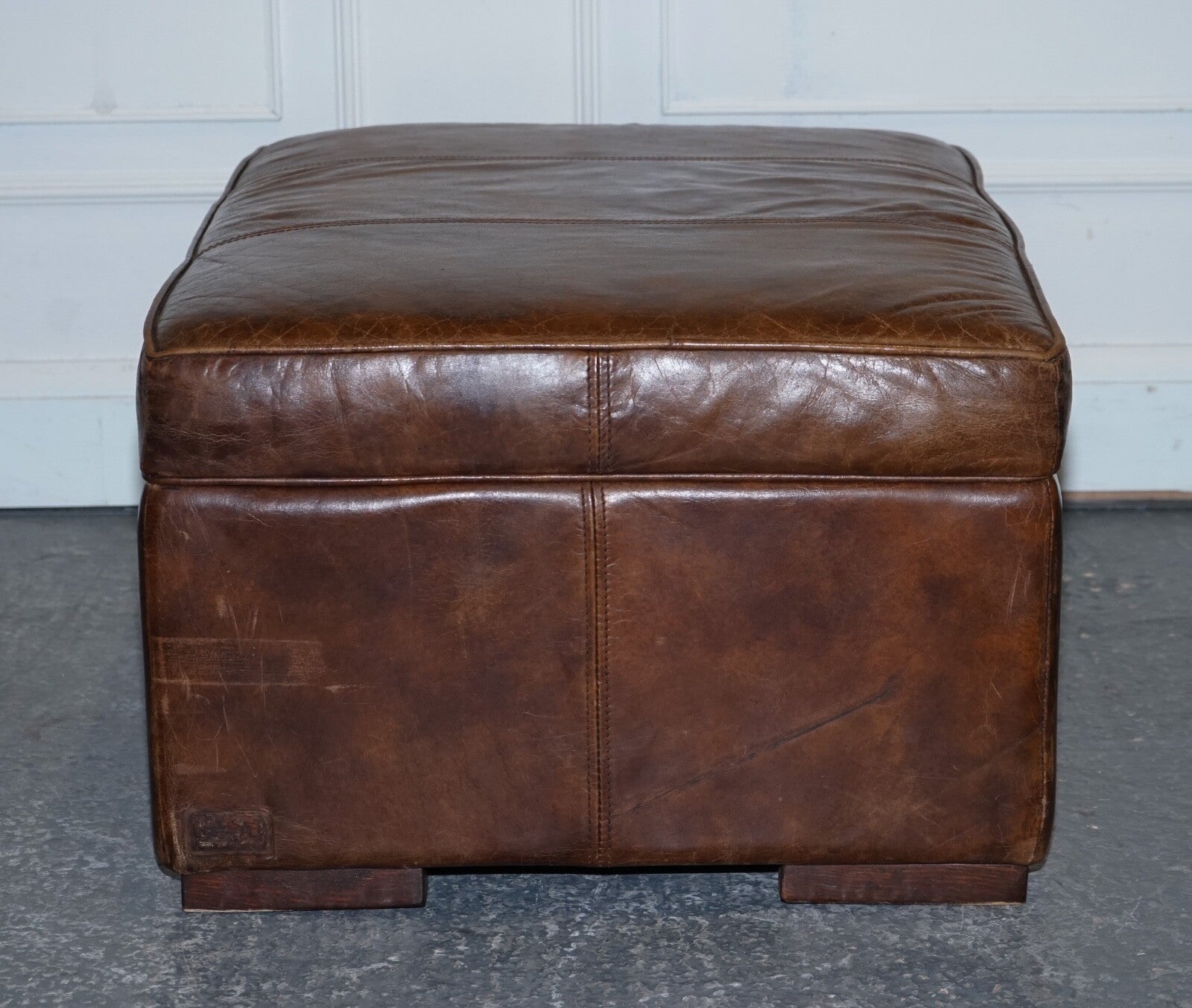 VINTAGE HALO REGGIO GROUCHO BROWN LEATHER OTTOMAN FOOTSTOOL WITH STORAGE SPACE