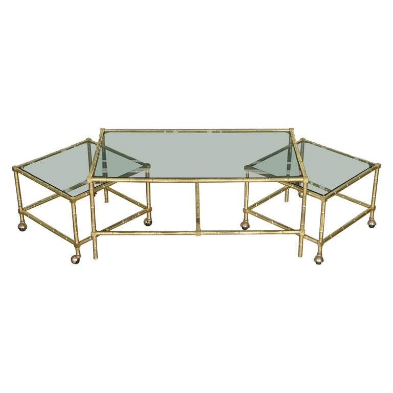 HOLLYWOOD REGENCY GOLDEN BAMBOO COFFEE TABLE SET WITH 2 SIDE TABLES ON CASTORS