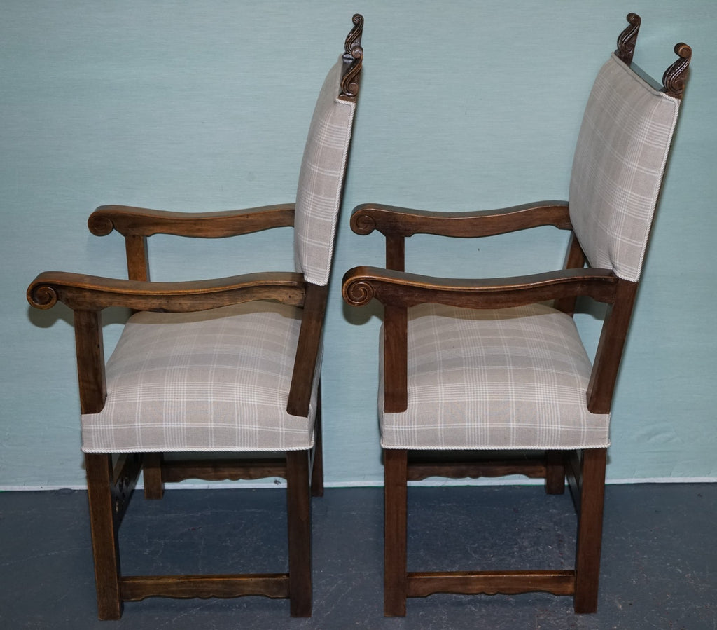 LOVELY PAIR OF VICTORIAN NEWLY UPHOLSTERED CARVER ARMCHAIRS CARVED WOOD DETAIL