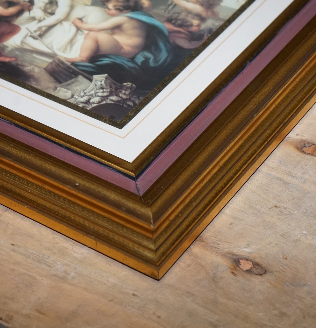 VINTAGE RENAISSANCE STYLE PRINT CHERUBS SCULPTING AN ANGEL GOLD FRAME 58 X 53 CM