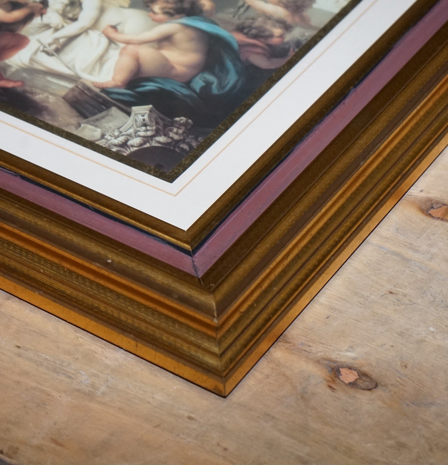 VINTAGE RENAISSANCE STYLE PRINT CHERUBS SCULPTING AN ANGEL GOLD FRAME 58 X 53 CM