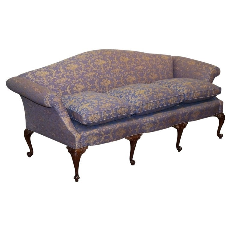 ANTIQUE ENGLISH COUNTRY HOUSE CHIPPENDALE CAMEL BACK FABRIC THREE SEATER SOFA