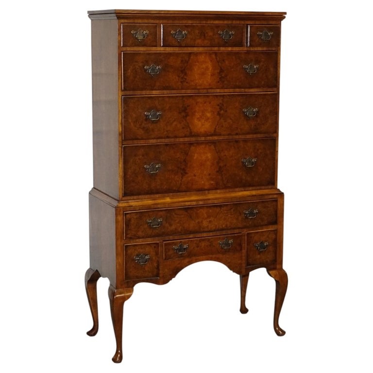 ANTIQUE GEORGIAN STYLE BURR WALNUT CHEST ON STAND WITH QUEEN ANNE LEGS