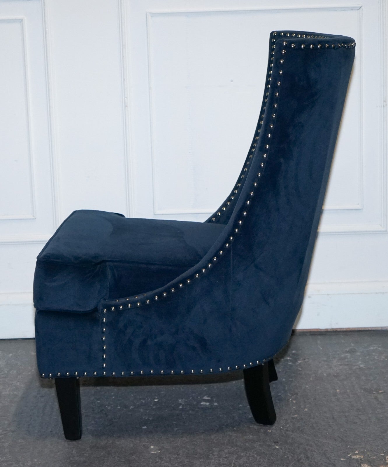 COTSWOLD LUXE EX SHOWROOM NAVY SLIPPER CHAIR WITH SILVER STUD DETAiL
