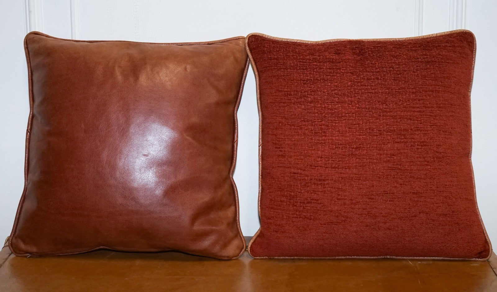 VINTAGE PAIR OF FEATHER FILLED CHESTNUT BROWN LEATHER & FABRIC SCATTER CUSHIONS
