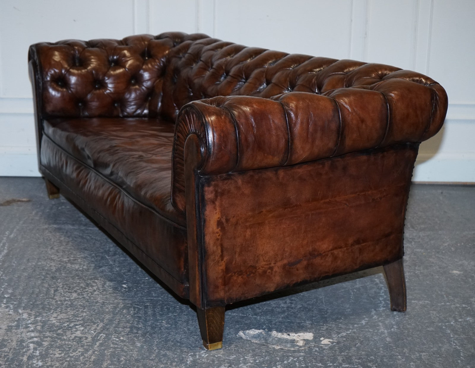 ANTIQUE SWEDISH CHESTERFIELD HAND DYED LEATHER FULLY COIL SPRUNG THREE SEAT SOFA