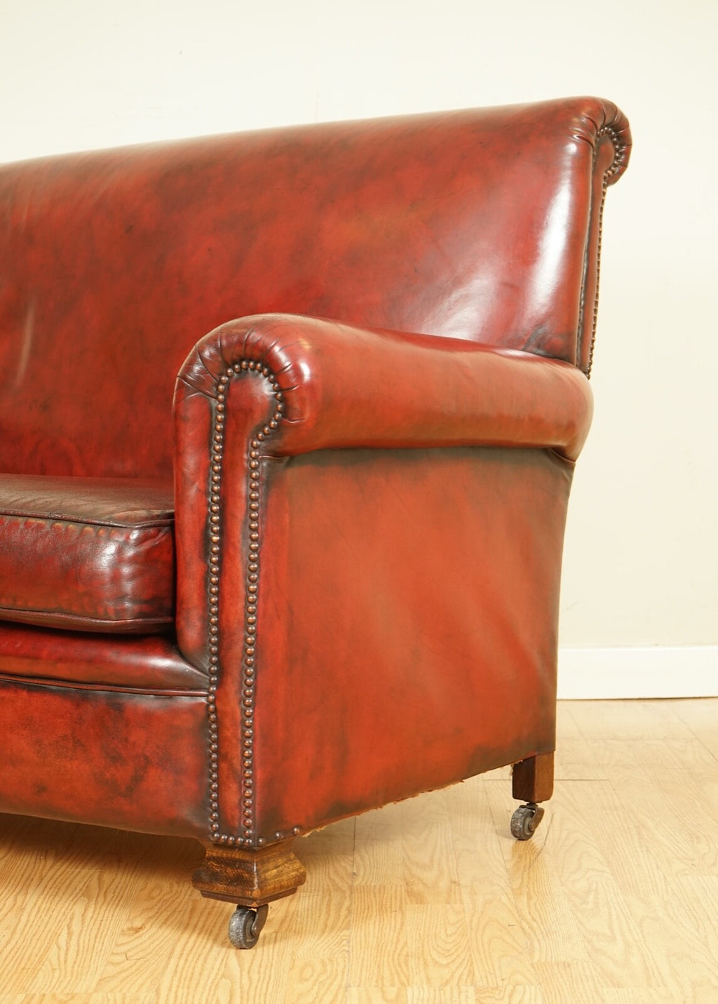 STUNNING VICTORIAN BURGUNDY GENTLEMAN'S CLUB HAND DYED LEATHER SOFA
