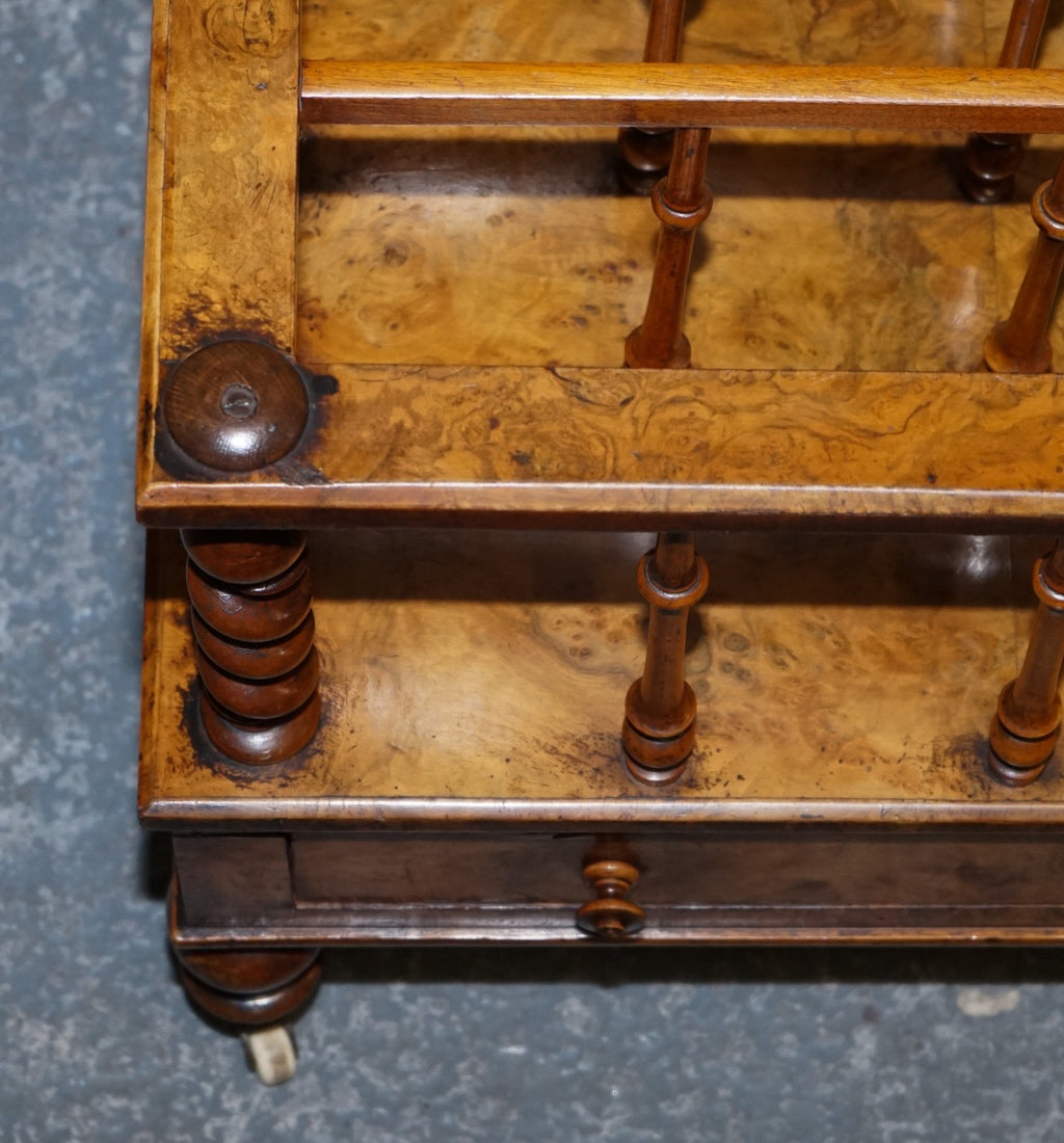 FINE ANTIQUE VICTORIAN 1860 BURR WALNUT CANTERBURY MAGAZINE RACK BOBBIN COLUMNS