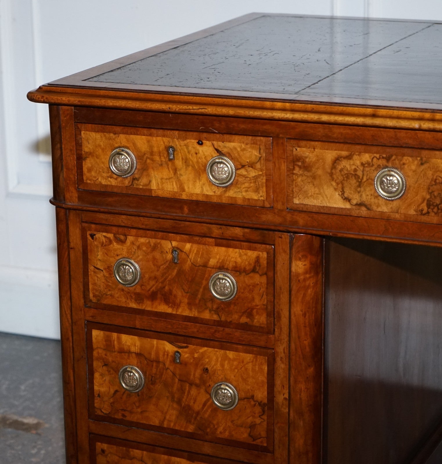 IMPORTANT ROYAL DRUCE & CO LONDON 1840's RESTORED BURR WALNUT TWIN PEDESTAL DESK