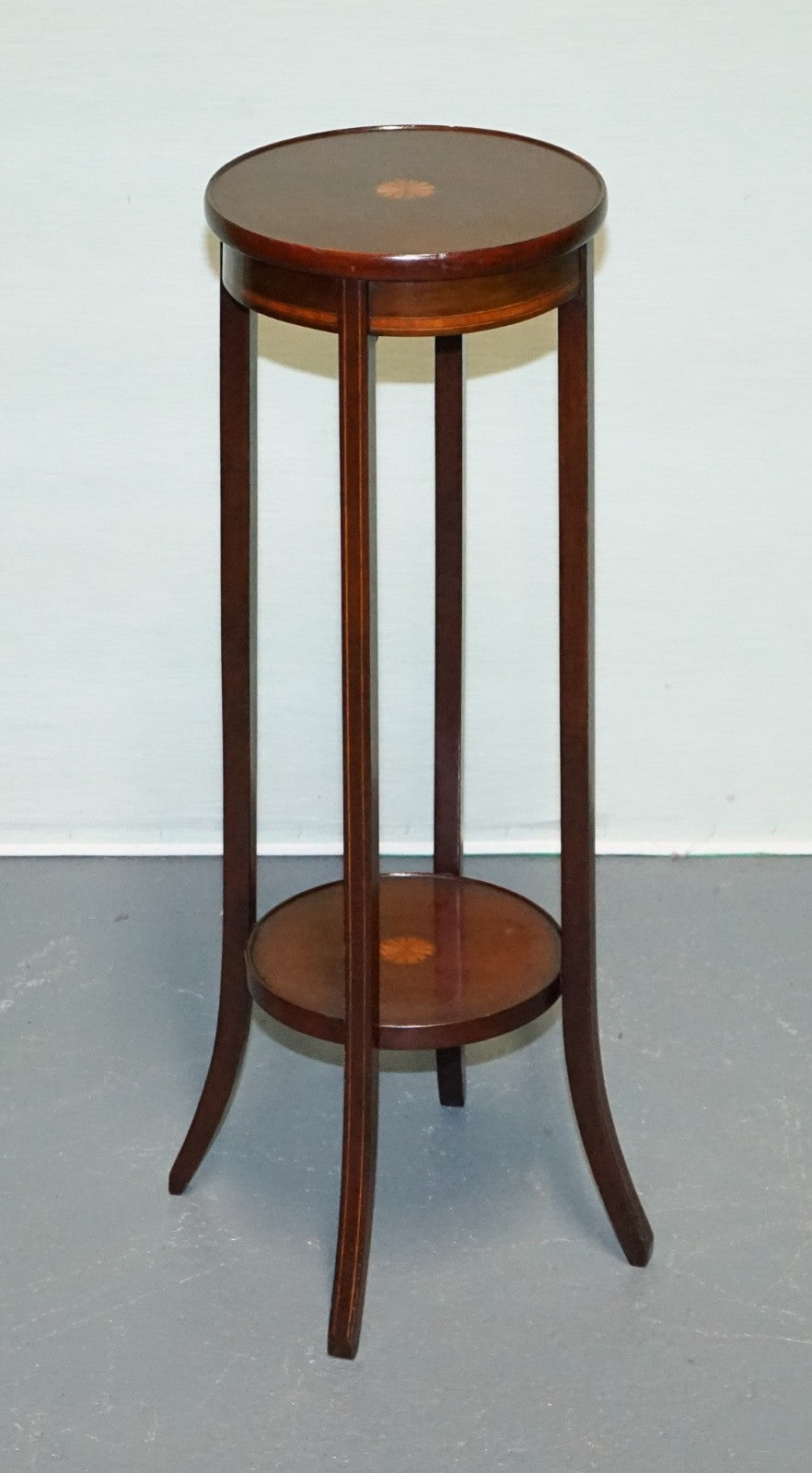 ANTIQUE HARDWOOD TWO TIER PLANT STAND WITH STARBURST MARQUETRY INLAY