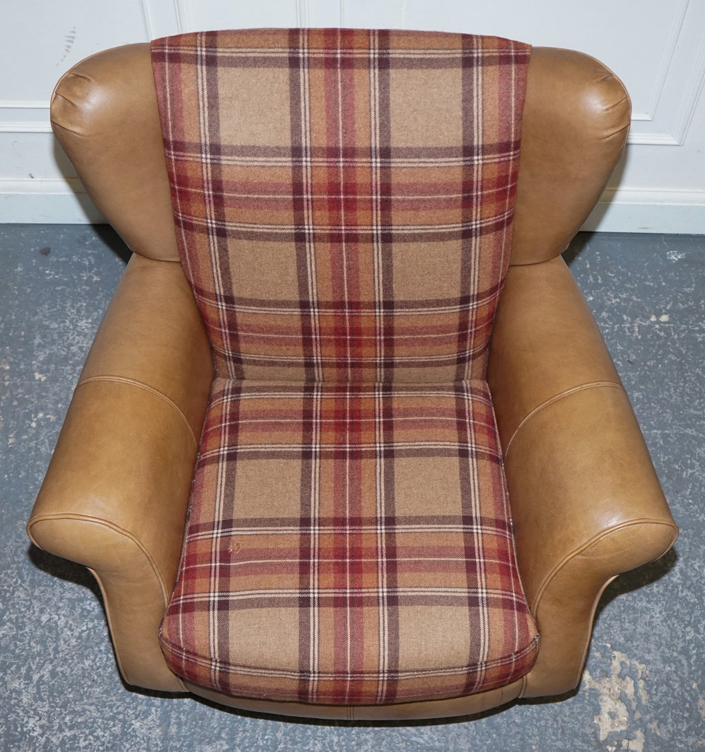STUNNING PAIR OF  ALEXANDER & JAMES LAWRENCE LEATHER & FABRIC WINGBACK ARMCHAIRS