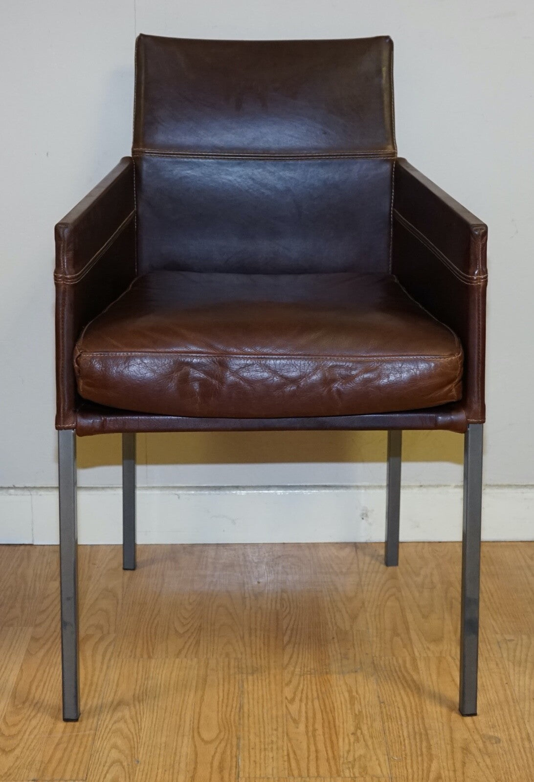VINTAGE BROWN LEATHER AND STEEL TEXAS DINING CHAIR BY KARL FRIEDRICH FÖRSTER
