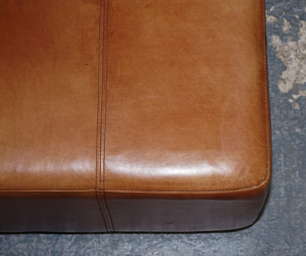 VINTAGE LARGE TAN LEATHER FOOTSTOOL OTTOMAN MADE BY HALO