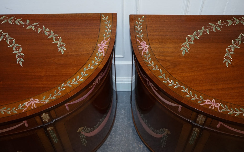 FINE SUBSTANTIAL PAIR OF HAND PAINTED DEMI LUNE SHERATON STYLE CONSOLE CABINETS