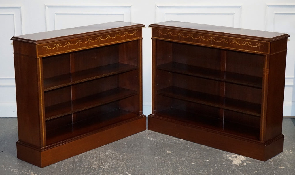 PAIR VINTAGE EDWARDIAN STYLE SHERATON DWARF OPEN BOOKCASE ADJUSTABLE SHELVES