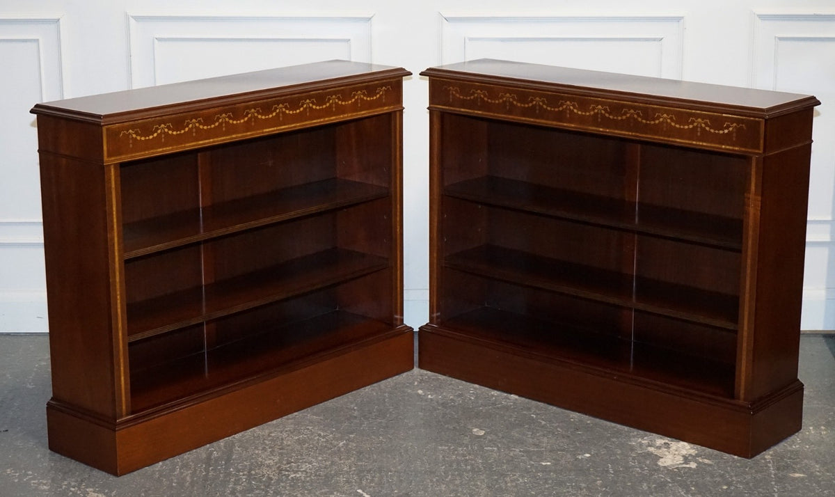 PAIR VINTAGE EDWARDIAN STYLE SHERATON DWARF OPEN BOOKCASE ADJUSTABLE SHELVES