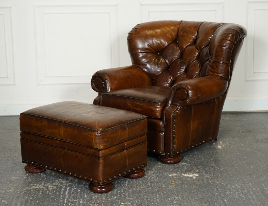 FULLY RESTORED HAND DYED LEATHER WRITERS READING ARMCHAIR WITH FOOTSTOOL