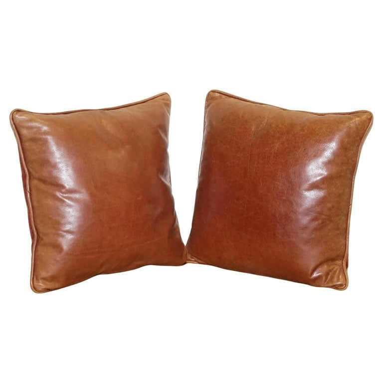 VINTAGE PAIR OF FEATHER FILLED CHESTNUT BROWN LEATHER & FABRIC SCATTER CUSHIONS