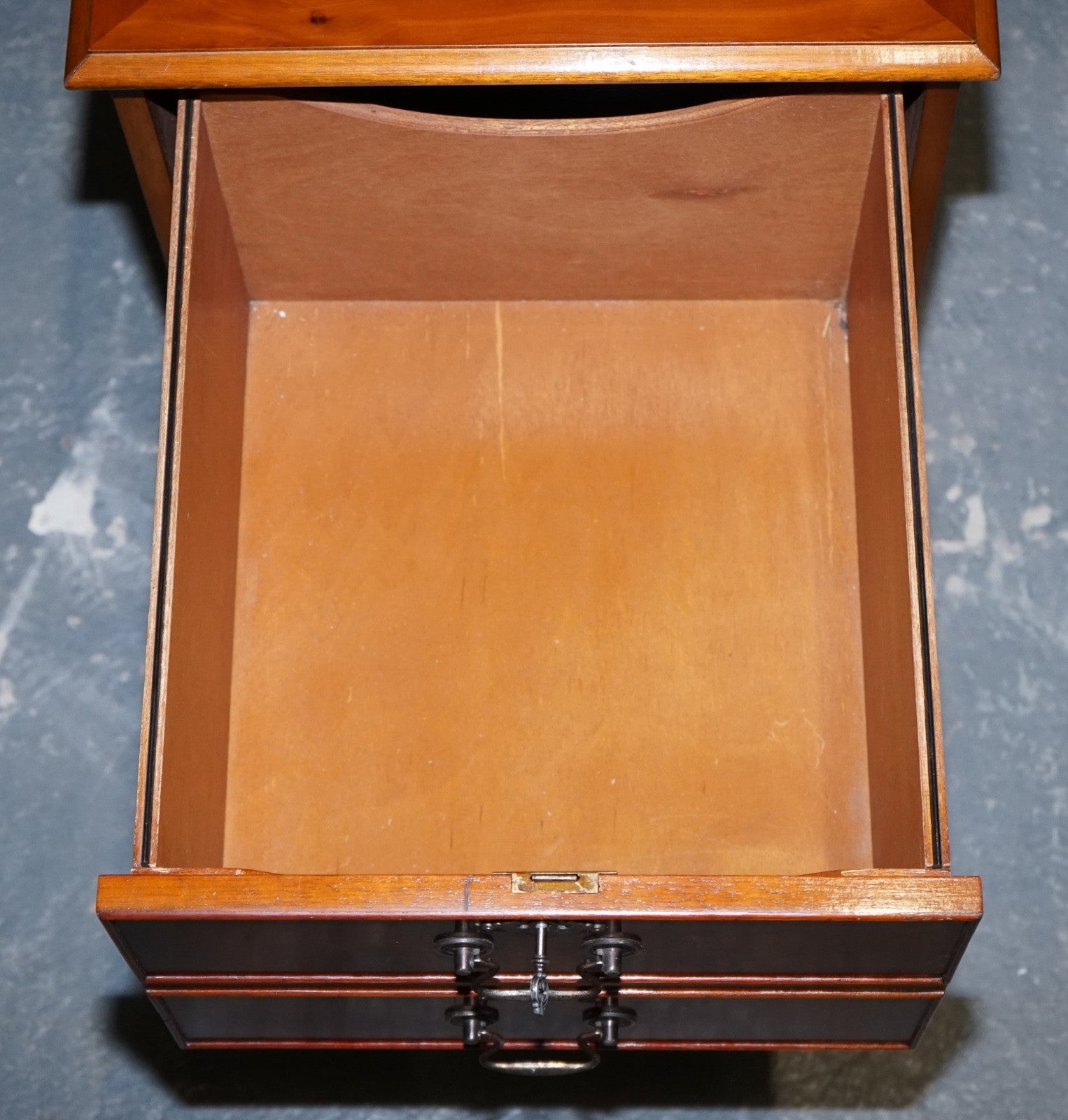 VINTAGE YEW WOOD FILLING CABINET WITH GREEN LEATHER TOP AND TWO DRAWERS (2)