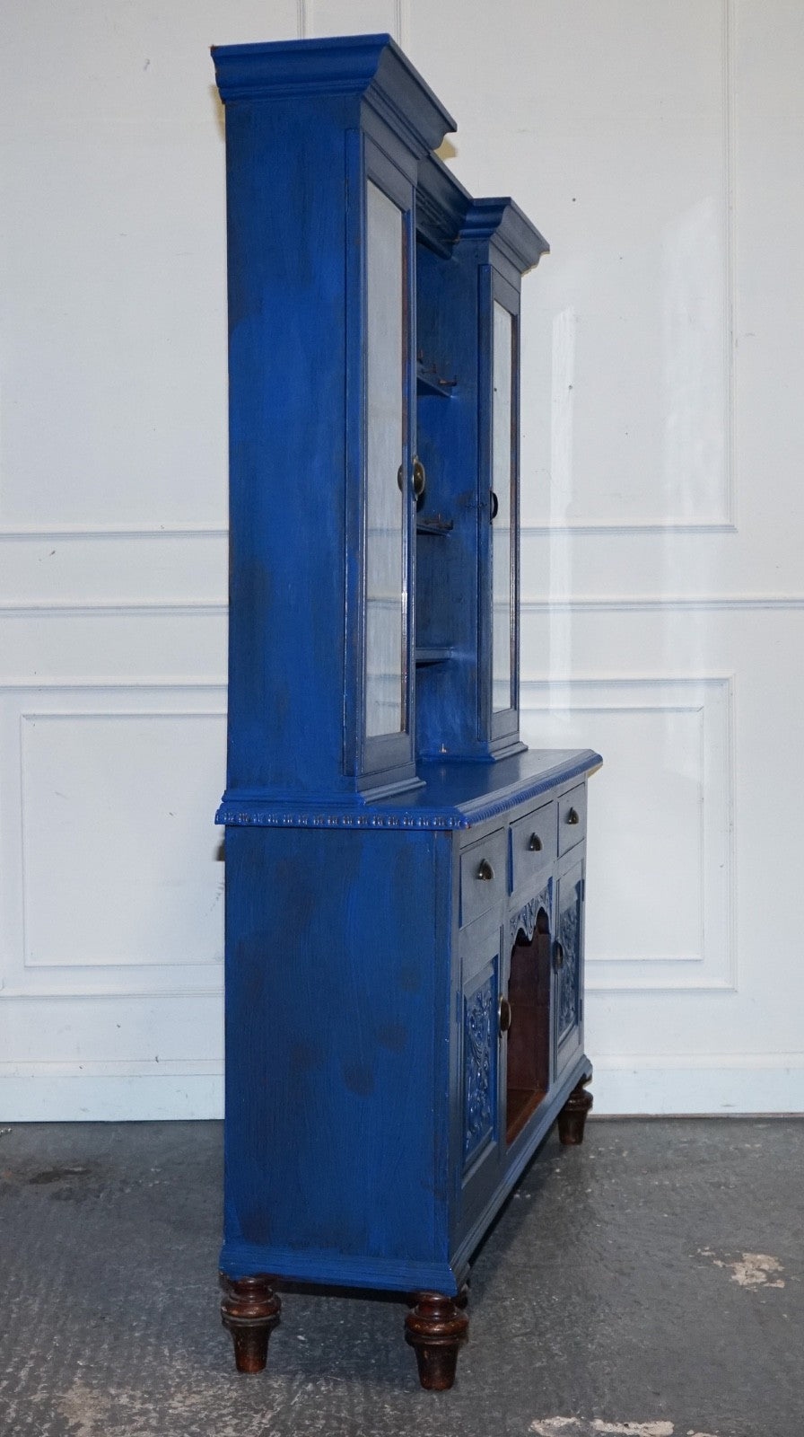 ANTIQUE VICTORIAN VIBRANT BLUE HAND PAINTED KITCHEN CUPBOARD CABINET