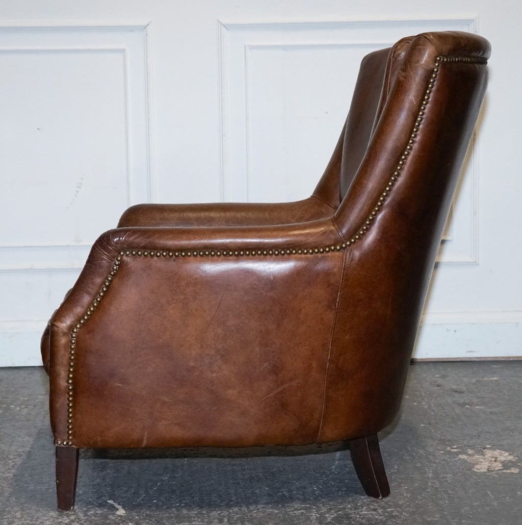VINTAGE BROWN HERITAGE LEATHER READING LOUNGE ARMCHAIR HALO TIMOTHY OULTON STYLE