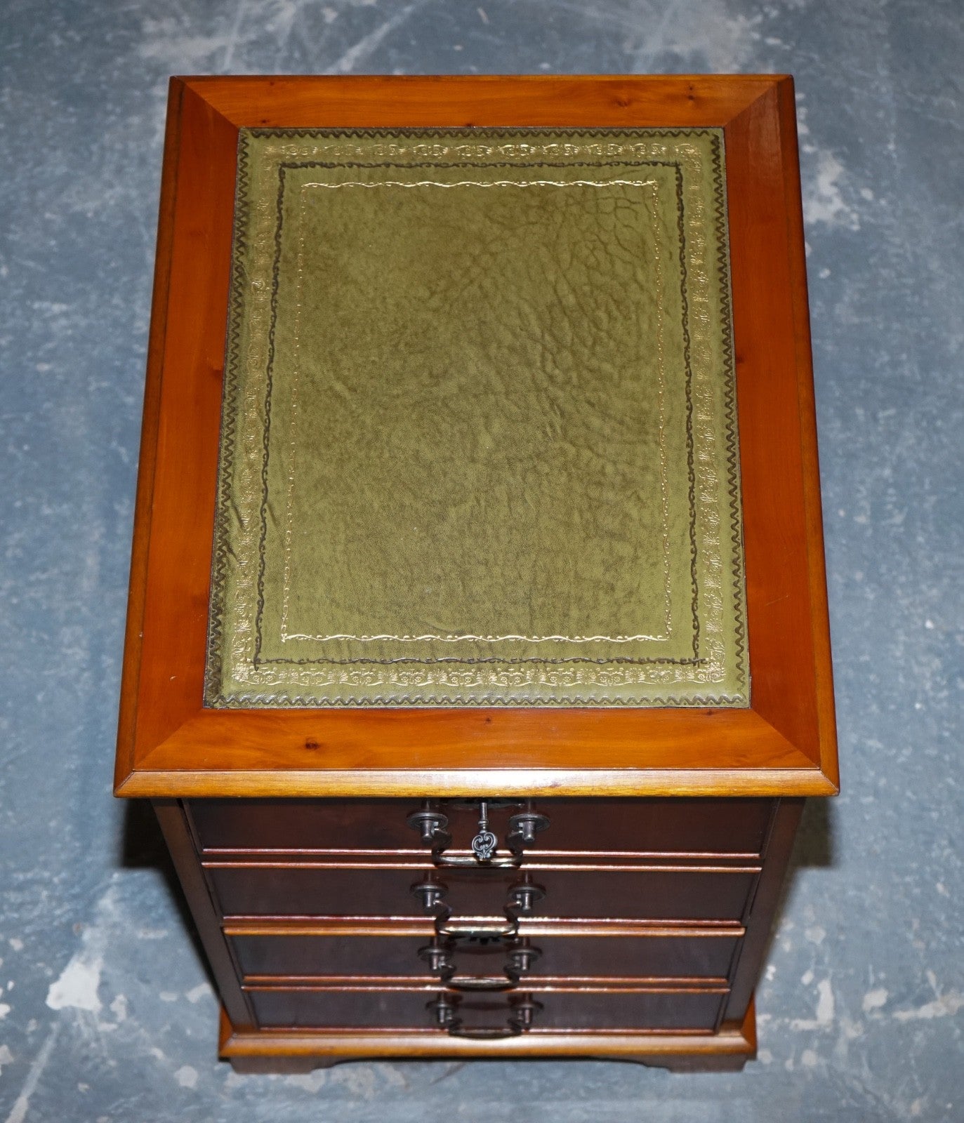 VINTAGE YEW WOOD FILLING CABINET WITH GREEN LEATHER TOP AND TWO DRAWERS (2)