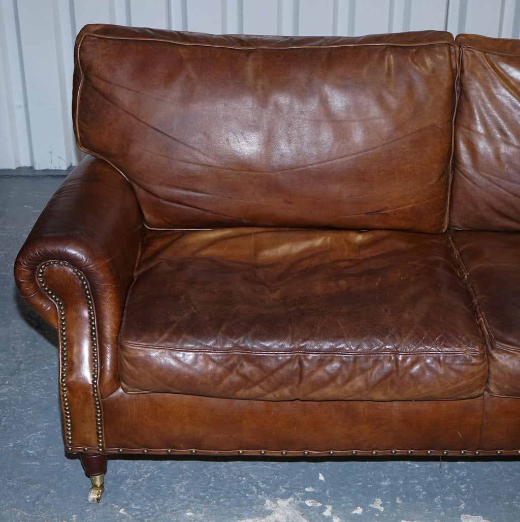HALO TIMOTHY OULTON STYLE BALMORAL THREE SEATER BROWN HERITAGE LEATHER SOFA