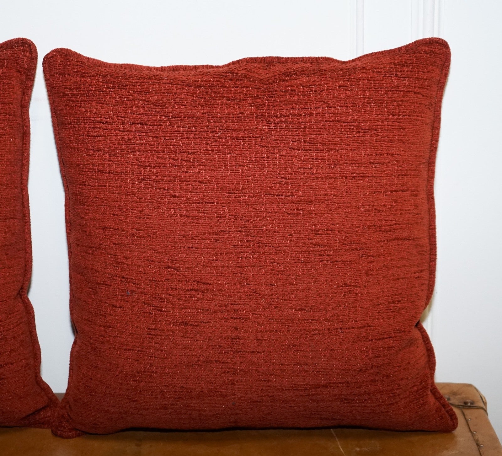 VINTAGE PAIR OF BEIGE STRIPPED & BURNT ORANGE FEATHER FILLED SCATTER CUSHIONS