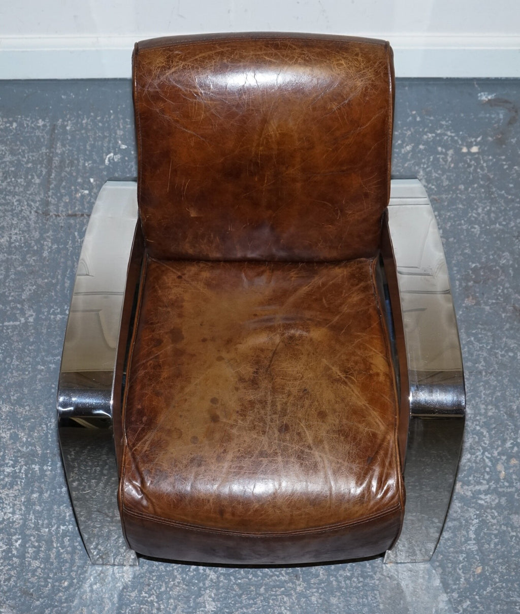 STUNNING PAIR OF FRENCH ART DECO CHROME AVIATOR HERITAGE BROWN LEATHER ARMCHAIRS